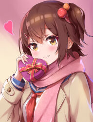 Rule 34 | 1girl, blush, box, brown coat, brown eyes, brown hair, closed mouth, coat, gift, hair ornament, hairclip, heart, heart-shaped box, highres, holding, holding gift, idolmaster, idolmaster million live!, kasuga mirai, koaya, long sleeves, looking at viewer, neckerchief, one side up, pink scarf, pom pom (clothes), pom pom hair ornament, red neckerchief, scarf, school uniform, serafuku, short hair, smile, solo, upper body, valentine