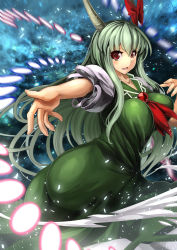 Rule 34 | 1girl, ass, breasts, danmaku, dress, ex-keine, female focus, green dress, horn ornament, horn ribbon, horns, kamishirasawa keine, large breasts, long hair, neckerchief, open mouth, outstretched arm, puffy short sleeves, puffy sleeves, red eyes, ribbon, shirt, short sleeves, silver hair, smile, solo, touhou, umigarasu (kitsune1963), very long hair