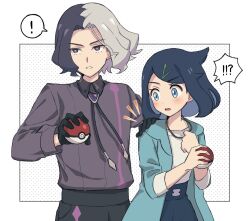Rule 34 | !, 1boy, 1girl, amethio (pokemon), aqua eyes, black gloves, black hair, black pants, blush, border, coat, collared shirt, commentary request, cowlick, creatures (company), game freak, gloves, green coat, hair ornament, hairclip, hand on another&#039;s shoulder, highres, holding, holding poke ball, liko (pokemon), multicolored hair, nintendo, nm222, open clothes, open coat, open mouth, pants, poke ball, poke ball (basic), pokemon, pokemon (anime), pokemon horizons, shirt, short hair, shorts, spoken exclamation mark, two-tone hair, white border, white shirt
