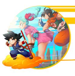 Rule 34 | 1girl, 2boys, aircraft, animal, aqua footwear, aqua hair, bare legs, belt, black footwear, black hair, blue eyes, blue sky, braid, braided ponytail, brown belt, brown gloves, bulma, chinese clothes, circle, clothes writing, cloud, cloudy sky, commentary, day, dougi, dragon ball, dragon ball (classic), dress, eyelashes, fanny pack, flying nimbus, forest, from side, gloves, grin, hair ribbon, holding, holding weapon, kanji, legs apart, long hair, monkey tail, mountain, multiple boys, muscular, muscular male, nature, neckerchief, obi, ommmyoh, orange neckerchief, orange pants, outdoors, pants, parted lips, pink dress, profile, puar, purple scarf, purple socks, purple wristband, red ribbon, red wristband, ribbon, ruyi jingu bang, sash, scarf, shoes, short dress, short sleeves, simple background, single glove, sky, smile, socks, son goku, spiked hair, striped clothes, striped dress, symbol-only commentary, tail, teeth, thick eyebrows, transparent background, twitter username, vertical-striped clothes, vertical-striped dress, watch, weapon, whiskers, white sash, wind, wind lift, wristband, wristwatch, yamcha