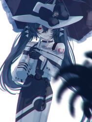 Rule 34 | 1girl, bare shoulders, black bow, black choker, black gloves, bow, choker, claws, commentary, commentary request, creatures (company), dark miku (project voltage), earrings, game freak, gloves, hair between eyes, hat, hat bow, hatsune miku, highres, holding, holding umbrella, jewelry, long hair, long sleeves, looking at viewer, luxury ball, microphone, nintendo, off shoulder, one eye covered, poke ball, pokemon, project voltage, red eyes, ring, smile, suwapichan11, twintails, umbrella, uneven twintails, very long hair, vocaloid, white background