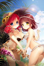 Rule 34 | 2girls, :o, ass, bare shoulders, bikini, black bikini, blonde hair, blue eyes, blush, breasts, brown hair, cleavage, cloud, day, drill hair, flower, green eyes, hat, holding hands, large breasts, lens flare, looking at viewer, lucca (sword girls), multiple girls, navel, rainbow, red hair, sarong, shiny skin, siloteddy, sita vilosa, sky, small breasts, smile, strap gap, strap lift, straw hat, sun, swimsuit, sword girls, twin drills, vernika answer, white bikini