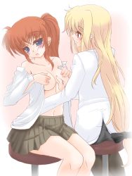 Rule 34 | 2girls, absurdres, blonde hair, blue eyes, blush, breasts, cleavage, collared shirt, couple, embarrassed, fate testarossa, frapowa, groping, hair ornament, happy, highres, long hair, looking at another, lyrical nanoha, mahou shoujo lyrical nanoha, mahou shoujo lyrical nanoha a&#039;s, medium breasts, multiple girls, open mouth, orange hair, red eyes, ribbon, school uniform, shirt, side ponytail, simple background, sitting, smile, takamachi nanoha, teacher, teacher and student, unbuttoned, unbuttoned shirt, uniform, yuri
