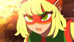 Rule 34 | 1girl, @ @, arms (game), beanie, blonde hair, blunt bangs, domino mask, green eyes, hat, highres, mask, min min (arms), nintendo, open mouth, portrait, short hair, solo