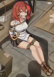 Rule 34 | 1girl, absurdres, anger vein, angry, bdsm, black survival, bondage, bound, breasts, brown eyes, collarbone, commission, eternal return: black survival, gag, highres, medium breasts, medium hair, miniskirt, pixiv commission, red hair, restrained, shirt, shoes, skirt, solo, sweat, tran quynh mai, vakaosciosa, white shirt
