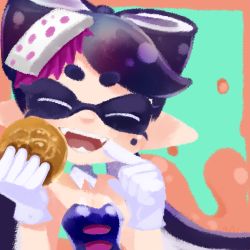 Rule 34 | 1girl, :d, black hair, callie (splatoon), closed eyes, detached collar, fangs, food, food on head, gloves, hair rings, holding, inkling, long hair, lowres, mizore ame, mole, mole under eye, nintendo, object on head, open mouth, simple background, smile, solo, splatoon (series), splatoon 1, sushi, tentacle hair, upper body, white gloves