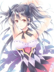 Rule 34 | 1girl, black feathers, black horns, black wings, blush, breasts, brown eyes, cleavage, commentary request, dress, feathers, grey hair, horns, idolmaster, idolmaster cinderella girls, kanzaki ranko, large breasts, long hair, looking at viewer, minasato hibiki, multicolored clothes, multicolored dress, smile, solo, twintails, wings