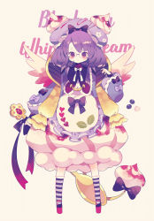 Rule 34 | 1girl, apron, black bow, blush, bow, brown background, bubble skirt, closed mouth, food-themed clothes, frilled apron, frills, full body, fur-trimmed skirt, fur trim, glasses, hair bow, hand up, hat, highres, kneehighs, long hair, long sleeves, original, platform footwear, puffy long sleeves, puffy sleeves, purple bow, purple hair, purple hat, purple shirt, red eyes, red footwear, shirt, simple background, skirt, socks, solo, standing, striped clothes, striped socks, white apron, white skirt, yumenouchi chiharu