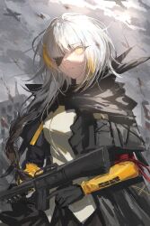 Rule 34 | 1girl, absurdres, aircraft, airplane, assault rifle, bad gun anatomy, black cloak, black gloves, bomber, braid, braided ponytail, burning, burning building, chinese commentary, cloak, commentary request, commission, debris, eyepatch, facial scar, girls&#039; frontline, gloves, gradient hair, gun, highres, holding, holding gun, holding weapon, looking at viewer, m16, m16a1 (girls&#039; frontline), magazine (weapon), military vehicle, multicolored hair, one eye covered, overcast, rifle, ruins, scar, scar across eye, scar on cheek, scar on face, shirt, sky, smoke, solo, streaked hair, upper body, war, weapon, white hair, xiegegege gezi, yellow eyes, yellow shirt