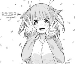 Rule 34 | 1girl, :d, artist name, blunt bangs, blush, butterfly hair ornament, collared shirt, commentary request, confetti, double v, eyebrows hidden by hair, fingernails, go-toubun no hanayome, hair between eyes, hair ornament, hair ribbon, hands up, happy, highres, irarei (araisanblog), looking at viewer, medium hair, milestone celebration, monochrome, nakano nino, open mouth, partial commentary, ribbon, school uniform, shirt, simple background, sleeves past wrists, smile, solo, straight-on, straight hair, teeth, translated, two side up, upper body, v, white background, white shirt