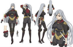 Rule 34 | 00s, 1girl, adjusting hair, boots, breasts, character sheet, gloves, grey hair, knee boots, large breasts, long hair, military, military uniform, official art, pantyhose, ponytail, rapier, red eyes, selvaria bles, senjou no valkyria, senjou no valkyria (series), senjou no valkyria 1, solo, sword, uniform, very long hair, weapon