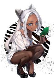 Rule 34 | 1girl, arrow (symbol), black footwear, blue eyes, circle, closed mouth, collarbone, commentary request, full body, hair intakes, high heels, highres, jajanome, long hair, looking at viewer, nintendo, octoling, octoling girl, octoling player character, off shoulder, pantyhose, shirt, single bare shoulder, smile, solo, splatoon (series), squatting, tentacle hair, white background, white hair, white shirt