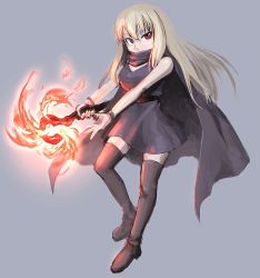 Rule 34 | 1girl, belt, blonde hair, boots, bracer, cape, dress, fire, hetza (hellshock), long hair, looking at viewer, red eyes, scarf, simple background, solo, staff, thigh boots, thighhighs
