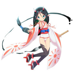 Rule 34 | 1girl, bare shoulders, black hair, black thighhighs, blue eyes, blush, closed mouth, commentary request, covered navel, detached sleeves, full body, geta, hair between eyes, holding, holding paintbrush, horns, japanese clothes, kimagure blue, kimono, long hair, long sleeves, low-tied long hair, obi, one-piece swimsuit, original, outstretched arm, paintbrush, parted bangs, pointy ears, red footwear, sash, simple background, sleeveless, sleeveless kimono, smile, solo, swimsuit, tengu-geta, thighhighs, v-shaped eyebrows, very long hair, white background, white kimono, white one-piece swimsuit, white sleeves, wide sleeves