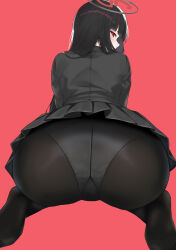 Rule 34 | 1girl, ass, black pantyhose, black skirt, black suit, blue archive, blunt bangs, blush, commentary request, formal, from behind, gusset, highres, kneeling, leaning, long hair, looking at viewer, no shoes, panties, pantyhose, pleated skirt, red background, red eyes, rio (blue archive), simple background, skirt, soles, solo, suit, underwear, wennananyan
