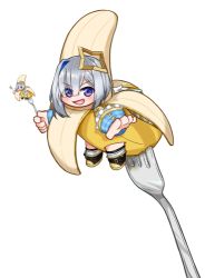 Rule 34 | &gt;:), 1girl, :d, amane kanata, angel, angel wings, armband, asymmetrical hair, banana, banana costume, blue eyes, blue hair, chibi, costume, cuffs, food, fork, frilled sleeves, frills, fruit, gradient eyes, hair between eyes, halo, hololive, kagelantern, looking at viewer, lowres, multicolored eyes, multicolored hair, open mouth, pink eyes, recursion, silver hair, smile, solo, streaked hair, transparent background, v-shaped eyebrows, virtual youtuber, wide sleeves, wings