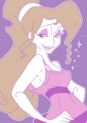 1girl bare_shoulders blue_eyes brown_hair disney dress eyeshadow hercules_(1997_film) long_hair makeup megara_(disney) ponytail purple_dress purple_eyes riomario simple_background sleeveless smile solo very_long_hair