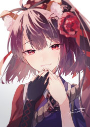 Rule 34 | 1girl, ahoge, animal ears, brown hair, dog ears, fate/grand order, fate (series), flower, fomnant, gloves, hair flower, hair ornament, highres, japanese clothes, kimono, kyokutei bakin (fate), kyokutei bakin (first ascension) (fate), partially fingerless gloves, ponytail, red eyes, signature, single glove, split mouth