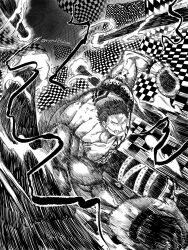 Rule 34 | 2boys, absurdres, arm tattoo, armlet, black gloves, charlotte katakuri, checkered background, clenched hands, disembodied limb, gear fourth: snakeman, gloves, highres, male focus, monkey d. luffy, monochrome, multiple boys, muscular, muscular male, one piece, ripped1taliano, running, scar, scar on face, sharp teeth, short hair, shoulder tattoo, speed lines, spiked anklet, spiked armlet, tattoo, teeth, topless male, twitter username