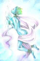 Rule 34 | 1990s (style), 1girl, ai (ai1470), anklet, ass, barefoot, blue skin, bracelet, breasts, choker, closed eyes, colored skin, earrings, feet, female focus, final fantasy, final fantasy vi, flat chest, full body, gradient background, green hair, ice, jewelry, nude, pointy ears, retro artstyle, shiva (final fantasy), short hair, solo