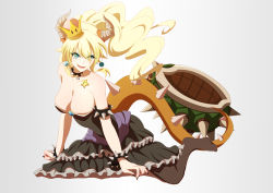 Rule 34 | 1girl, absurdres, all fours, armlet, bare shoulders, black collar, black dress, black nails, black pantyhose, blonde hair, blue eyes, bowsette, bracelet, breasts, cleavage, collar, dress, earrings, eyes visible through hair, floating hair, frilled dress, frills, gem, hair between eyes, highres, horns, huoxing jiuzai, jewelry, large breasts, long hair, looking at viewer, mario (series), nail polish, new super mario bros. u deluxe, nintendo, pantyhose, pointy ears, sharp teeth, solo, spiked armlet, spiked bracelet, spiked collar, spiked shell, spiked tail, spikes, strapless, strapless dress, super crown, tail, teeth, turtle shell, very long hair