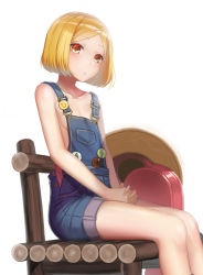 Rule 34 | 1girl, :o, blonde hair, breasts, chainsaw, chair, collarbone, fate/grand order, fate (series), hat, highres, mizuya nao, naked overalls, orange eyes, overalls, own hands together, paul bunyan (fate), paul bunyan (third ascension) (fate), short hair, sitting, small breasts, solo