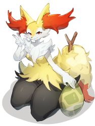 Rule 34 | 1girl, :3, animal ears, baburusushi, blush, braixen, breasts, creatures (company), egg, female focus, fox ears, fox girl, fox tail, furry, furry female, game freak, gen 6 pokemon, highres, looking at viewer, nintendo, pokemon, pokemon (creature), red eyes, seiza, shadow, shiny skin, simple background, sitting, small breasts, smile, solo, stick, tail, thick thighs, thighs, v, white background, wide hips
