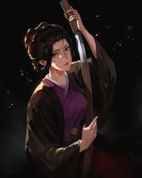 Rule 34 | 1girl, black hair, brown eyes, dark background, emma the gentle blade, highres, holding, holding sword, holding weapon, japanese clothes, jiro (ninetysix), katana, kimono, looking at viewer, parted lips, sekiro: shadows die twice, short hair, sitting, solo, sword, updo, weapon