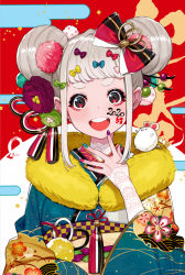 Rule 34 | 1girl, 2020, :d, black bow, blue kimono, blue nails, body writing, bow, brown nails, chinese zodiac, commentary request, double bun, egasumi, fingernails, grey hair, hair bow, hair bun, hand up, japanese clothes, kimono, long sleeves, mouse (animal), multicolored nails, nail polish, nengajou, new year, official art, open mouth, original, pink nails, purple nails, red bow, round teeth, sidelocks, smile, solo, teeth, upper body, upper teeth only, wide sleeves, year of the rat, yuu (higashi no penguin)