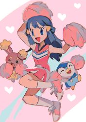 Rule 34 | 1girl, :d, bare arms, blue eyes, blue hair, blurry, buneary, cheerleader, commentary request, creatures (company), dawn (pokemon), eyelashes, game freak, gen 4 pokemon, hair ornament, hairclip, heart, highres, hinann bot, holding, holding pom poms, long hair, nintendo, open mouth, pink footwear, pink shirt, pink skirt, piplup, pokemon, pokemon (anime), pokemon (creature), pokemon dppt (anime), pom pom (cheerleading), pom poms, shirt, shoes, skirt, smile, socks, tongue, white legwear