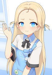 Rule 34 | 1girl, apron, blonde hair, blue archive, blue eyes, blush, bow, bowtie, child, collared shirt, forehead, hand up, highres, jacy, long hair, looking at viewer, name tag, nervous smile, nervous sweating, shirt, short sleeves, smile, solo, sora (blue archive), strap slip, sweat, two side up, upper body, waving, wavy mouth, white shirt