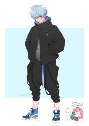 Rule 34 | 1boy, 1girl, aqua background, aqua eyes, asajimags, black jacket, black pants, blue footwear, blue hair, blush, bob cut, casual, chibi, closed mouth, cross-laced footwear, full body, glasses, grey shirt, hair between eyes, hands in pockets, hands up, happy, high collar, highres, himuro inori, holding, holding phone, jacket, jewelry, long sleeves, looking at viewer, necklace, outside border, pants, pendant, phone, pink hair, protagonist (tokimemo gs4), puffy pants, red-framed eyewear, shirt, shoes, short hair, sneakers, solo focus, standing, suspenders hanging, taking picture, tokimeki memorial, tokimeki memorial girl&#039;s side 4th heart, two-sided fabric, two-sided jacket
