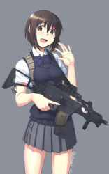 Rule 34 | 1girl, :d, assault rifle, bad id, bad pixiv id, bow, bowtie, brown eyes, brown hair, commentary request, cowboy shot, grey background, gun, h&amp;k g36c, charm (object), looking at viewer, oda masaki (b-minor), open mouth, original, pleated skirt, rifle, school uniform, short hair, skirt, smile, solo, twitter username, vest, weapon