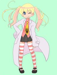 Rule 34 | 00s, blonde hair, blue eyes, child, full body, highres, lab coat, legs, necktie, one eye closed, pani poni dash!, rebecca miyamoto, solo, standing, striped clothes, striped thighhighs, thighhighs, twintails, ukon, wink