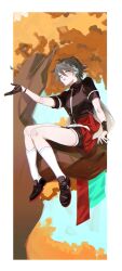 Rule 34 | 1boy, aged down, autumn leaves, belt, black footwear, black shirt, black shorts, border, child, closed eyes, collared shirt, earrings, falling leaves, full body, gloves, green hair, green sash, grey hair, hair between eyes, hand up, highres, honkai (series), honkai impact 3rd, imai megane, in tree, jewelry, knees together feet apart, leaf, light particles, loafers, long hair, male focus, multicolored hair, necktie, outside border, outstretched hand, parted lips, red sash, sash, shirt, shoes, short sleeves, shorts, single earring, single glove, sitting, sitting in tree, socks, solo, streaked hair, su (honkai impact), tree, white belt, white border, white necktie, white socks, wristband