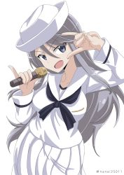Rule 34 | 10s, 1girl, \n/, blouse, blue neckwear, cowboy shot, dixie cup hat, flint (girls und panzer), fox shadow puppet, girls und panzer, grey eyes, grey hair, hat, head tilt, holding, holding microphone, long hair, long skirt, long sleeves, looking at viewer, microphone, military hat, one-hour drawing challenge, ooarai naval school uniform, open mouth, pinky out, pleated skirt, sailor, sailor collar, school uniform, shibagami, shirt, simple background, skirt, smile, solo, standing, twitter username, white background, white hat, white shirt, white skirt