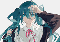 Rule 34 | 1girl, absurdres, ahoge, aqua-, aqua hair, arm up, black jacket, blue eyes, blue nails, closed mouth, collared shirt, commentary, grey background, hair between eyes, hand up, hatsune miku, highres, holding, holding own hair, jacket, long hair, long sleeves, looking away, looking up, nail polish, neck ribbon, portrait, red ribbon, ribbon, shirt, simple background, solo, vocaloid, white shirt