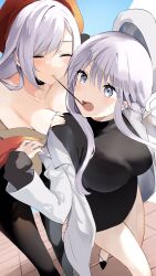 Rule 34 | 2girls, azur lane, belfast (azur lane), belfast (shopping with the head maid) (azur lane), breasts, enterprise (azur lane), enterprise (bon voyage) (azur lane), food, grey hair, hand on another&#039;s shoulder, hat, highres, hoerutarou, jacket, large breasts, multiple girls, official alternate costume, pocky, white hair