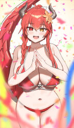 Rule 34 | 1girl, :d, absurdres, bikini, blush, braid, breasts, brown horns, commission, copyright request, dragon girl, dragon horns, dragon tail, flower, hair between eyes, hair flower, hair ornament, heterochromia, highres, horns, large breasts, long hair, looking at viewer, navel, open mouth, own hands together, red bikini, red eyes, red hair, single braid, smile, solo, standing, swimsuit, tail, twin (tt lsh), yellow eyes, yellow flower