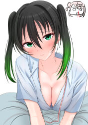 Rule 34 | 2girls, absurdres, black hair, blanket, blood, blush, breasts, buttons, chibi, chibi inset, cleavage, closed mouth, collarbone, collared shirt, commentary request, gradient hair, green eyes, green hair, grey shirt, hair between eyes, hair bun, head tilt, highres, looking at viewer, love live!, love live! nijigasaki high school idol club, medium breasts, medium hair, multicolored hair, multiple girls, neck ribbon, nosebleed, o o, open mouth, partially unbuttoned, pink hair, red ribbon, ribbon, sarla-twin88, shirt, short sleeves, simple background, single side bun, smile, square mouth, takasaki yu, twintails, two-tone hair, uehara ayumu, undone neck ribbon, upper body, white background