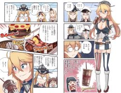 Rule 34 | &gt; &lt;, 6+girls, = =, american flag legwear, asymmetrical legwear, belt, beret, bespectacled, bismarck (kancolle), black hair, blonde hair, blue eyes, blue hair, blue hakama, breasts, brown hair, cake, character request, check translation, cleavage, closed eyes, cold stone creamery, comic, commandant teste (kancolle), commentary request, crown, dress, drinking, drinking straw, elbow gloves, food, front-tie top, gangut (kancolle), garter straps, glasses, gloves, grappler baki, hair between eyes, hakama, hakama skirt, hat, headgear, highres, houshou (kancolle), ido (teketeke), iowa (kancolle), japanese clothes, kantai collection, kimono, large breasts, libeccio (kancolle), long hair, long sleeves, military, military hat, military uniform, mini crown, miniskirt, mismatched legwear, multicolored hair, multiple girls, off-shoulder dress, off shoulder, open mouth, parody, peaked cap, ponytail, prinz eugen (kancolle), red hair, red kimono, revision, sailor collar, scar, scarf, short hair, skirt, smile, speech bubble, star-shaped pupils, star (symbol), streaked hair, striped clothes, striped legwear, striped thighhighs, symbol-shaped pupils, teeth, thighhighs, tongue, tongue out, translation request, twintails, uniform, vertical-striped clothes, vertical-striped thighhighs, warspite (kancolle), white dress, white gloves, white hair, yellow eyes