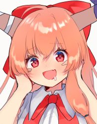 Rule 34 | 1girl, :d, blush, bow, bowtie, brown horns, cookie (touhou), fang, hair bow, hands on own cheeks, hands on own face, horns, ibuki suika, long hair, looking at viewer, nadhia 14, open mouth, orange hair, portrait, red bow, red bowtie, red eyes, shirt, simple background, skin fang, sleeveless, sleeveless shirt, smile, solo, touhou, white background, yamin (cookie)