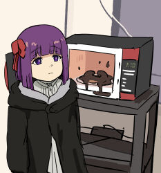 Rule 34 | 1girl, aged down, black coat, blunt bangs, bob cut, coat, commentary request, contemporary, doughnut, dress, failure, fern (sousou no frieren), food, highres, hood, hooded coat, indoors, long sleeves, looking at viewer, microwave, purple eyes, purple hair, short hair, sidelocks, sketch, solo, sousou no frieren, tenten (chan4545), white dress