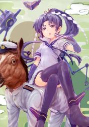 Rule 34 | 1boy, 1girl, admiral (kancolle), boots, cloud, crossed legs, dress, elbow gloves, folded fan, folding fan, girl on top, gloves, green background, hair ribbon, hand fan, hatsuharu (kancolle), highres, hikimayu, holding, holding fan, horse mask, human chair, human furniture, kantai collection, long hair, mask, mountain, open mouth, ponytail, purple footwear, purple gloves, purple thighhighs, ribbon, rigging, sailor collar, sailor dress, shide, sitting, sitting on person, sowamame, thighhighs, white dress, white sailor collar
