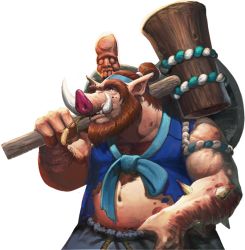 Rule 34 | 1boy, artist request, bandages, beard, brown hair, chaos online, facial hair, hammer, male focus, navel, official art, pointy ears, red eyes, solo, transparent background, tubalkein, tusks, warthog