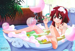 Rule 34 | 00s, 1girl, absurdres, barefoot, bath, bathtub, bird, bitch-kun, blush, bubble, bubble bath, blowing bubbles, cameo, claw foot bathtub, duck, feet, fight ippatsu! juuden-chan!!, grin, hatsune miku, highres, megami magazine, nude, official art, ozeki miyabi, pinky out, plug cryostat, red eyes, red hair, rubber duck, short hair, smile, soap bubbles, soles, solo, toes, towel, vocaloid, wash, washing