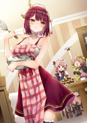 Rule 34 | 3girls, alt (ctrldel), apron, arm up, atelier (series), atelier lydie &amp; suelle, atelier sophie, bare shoulders, blush, bowl, breasts, brown eyes, brown hair, checkerboard cookie, closed mouth, collarbone, commentary request, cookie, cream, cream on face, cup, dress, food, food on face, happy, head scarf, highres, holding, holding bowl, holding whisk, indoors, large breasts, looking to the side, lydie marlen, mixing bowl, multiple girls, open mouth, pink apron, plaid, plaid apron, plate, red dress, red eyes, red hair, short hair, siblings, sisters, sleeveless, sleeveless dress, smile, sophie neuenmuller, suelle marlen, twins, twintails, whisk