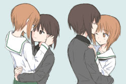 Rule 34 | 2girls, blouse, brown hair, closed eyes, commentary, dress shirt, girls und panzer, green background, grey shirt, hand in another&#039;s hair, hand on another&#039;s shoulder, hug, incest, kiss, kissing forehead, kuromorimine school uniform, light frown, light smile, long sleeves, looking at another, multiple girls, mutsu (layergreen), nishizumi maho, nishizumi miho, one eye closed, ooarai school uniform, sailor collar, school uniform, serafuku, shirt, short hair, siblings, simple background, sisters, sketch, white sailor collar, white shirt, yuri