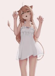 Rule 34 | 1girl, absurdres, ahoge, animal ears, breasts, claw pose, cowboy shot, dress, fingernails, frilled dress, frills, highres, indie virtual youtuber, lion ears, lion girl, lion tail, long hair, no panties, open mouth, orange eyes, orange hair, orange tail, red ribbon, ribbon, rurudo lion, rurudo lion (1st costume), see-through, see-through dress, see-through silhouette, simple background, sleeveless, sleeveless dress, small breasts, solo, spaghetti strap, sundress, tail, thighs, toraifu, very long hair, virtual youtuber, white background, white dress