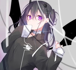 Rule 34 | 1girl, bandaged neck, bandages, black hair, black shirt, black wings, breasts, broken horn, closed mouth, collared shirt, commentary request, demon girl, demon horns, demon wings, dress shirt, hair between eyes, hair ribbon, hands up, heart, heart-shaped pupils, horns, kuroi (liar-player), long hair, long sleeves, looking at viewer, one side up, original, purple eyes, ribbon, shirt, sleeves past fingers, sleeves past wrists, small breasts, solo, symbol-shaped pupils, twitter username, upper body, white ribbon, wings